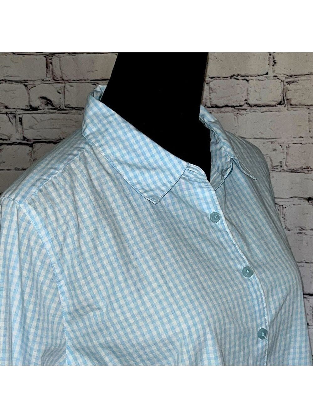 Studio Works Light Blue Check 3/4 Sleeve Wrinkle Free Button Down Sz L EUC